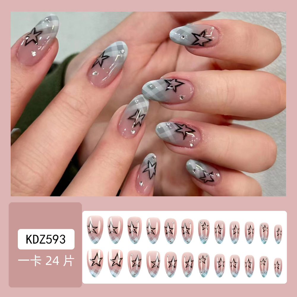 24pcs Blue Plaid Gradient Fake - Nail Extension Tips ulasan dan harga