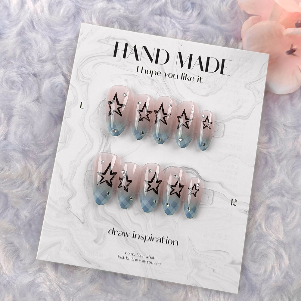 24pcs Blue Plaid Gradient Fake - Nail Extension Tips ulasan dan harga